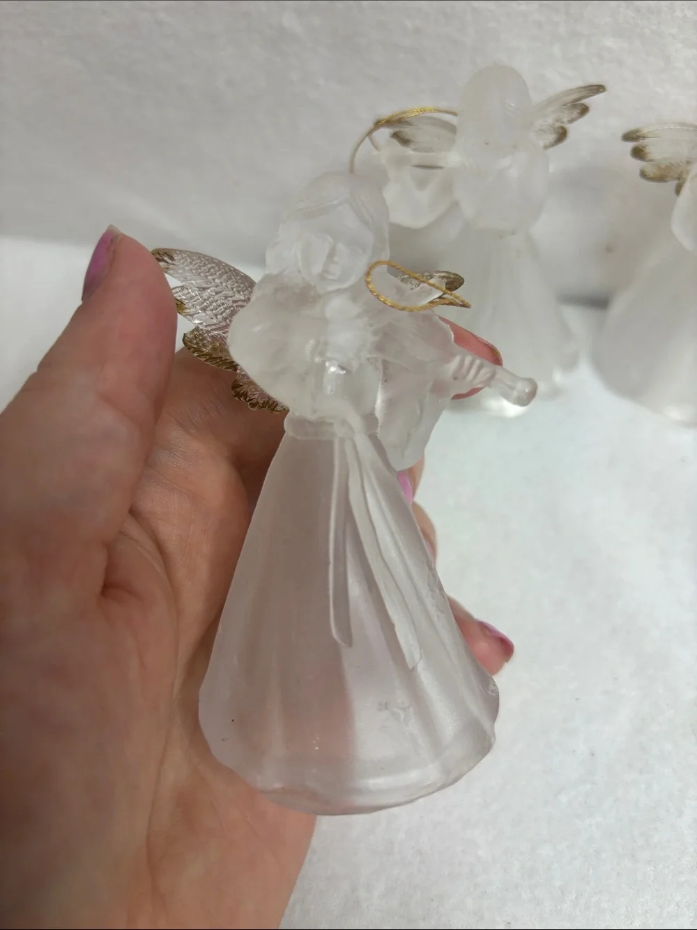 Frosted Acrylic Angel Figurines Set - White with Gold Accents Vintage